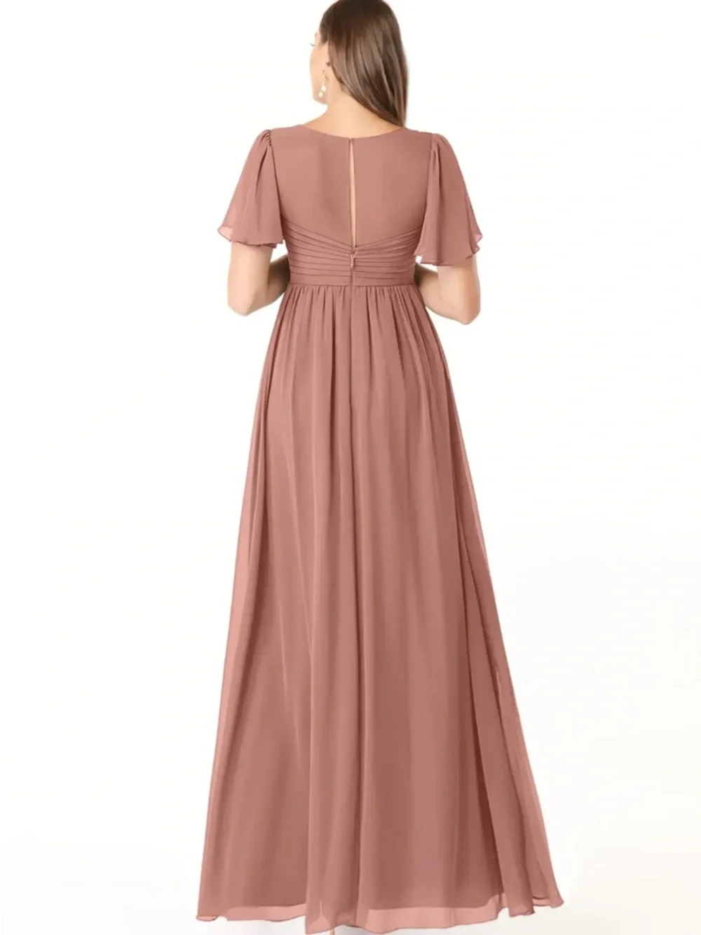 Azazie Maternity - A-Line V-Neck Ruched Chiffon Floor-Length Dress Cedar Rose - Picture 3 of 4